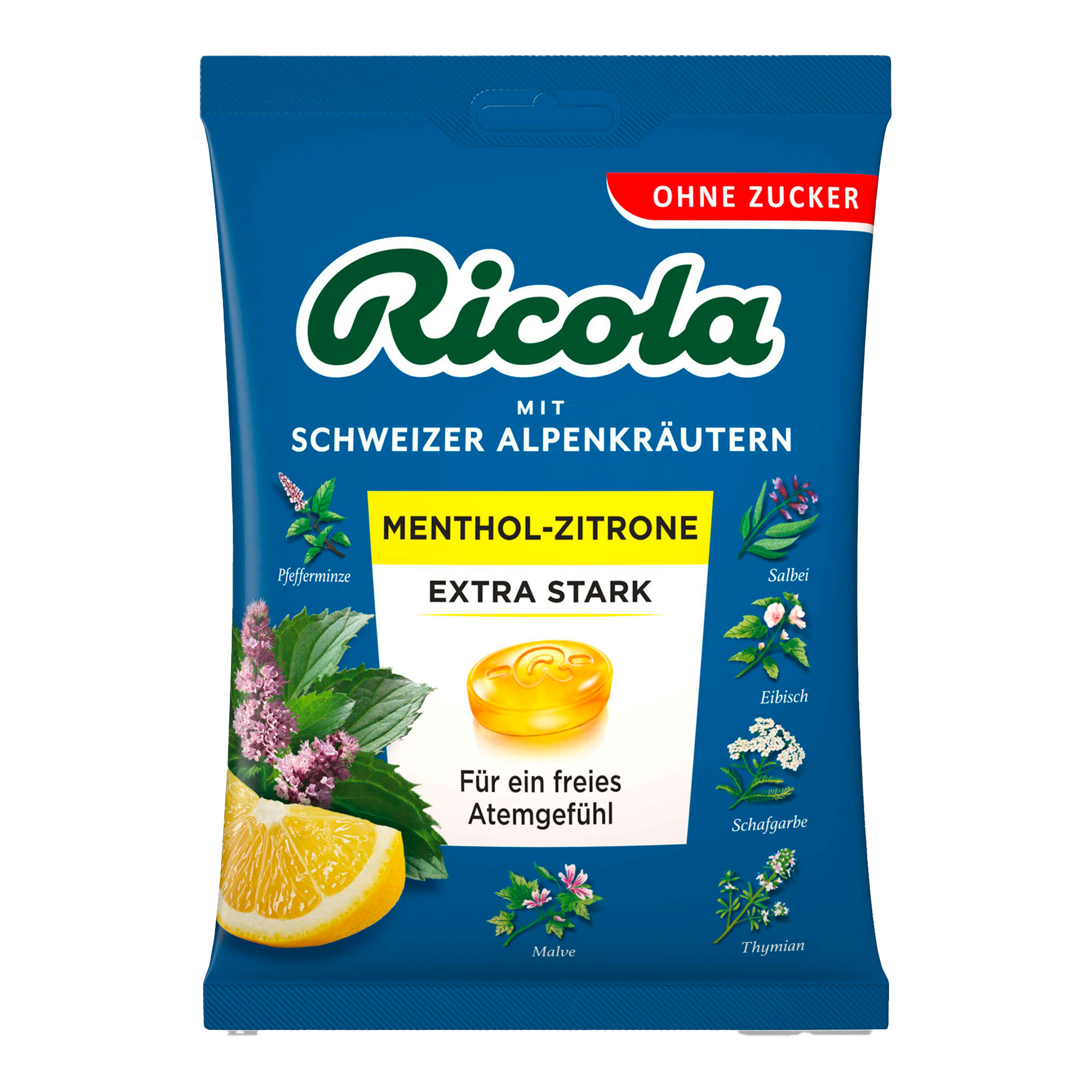 Ricola ohne Zucker Beutel Menthol-Zitrone extra stark Bon.